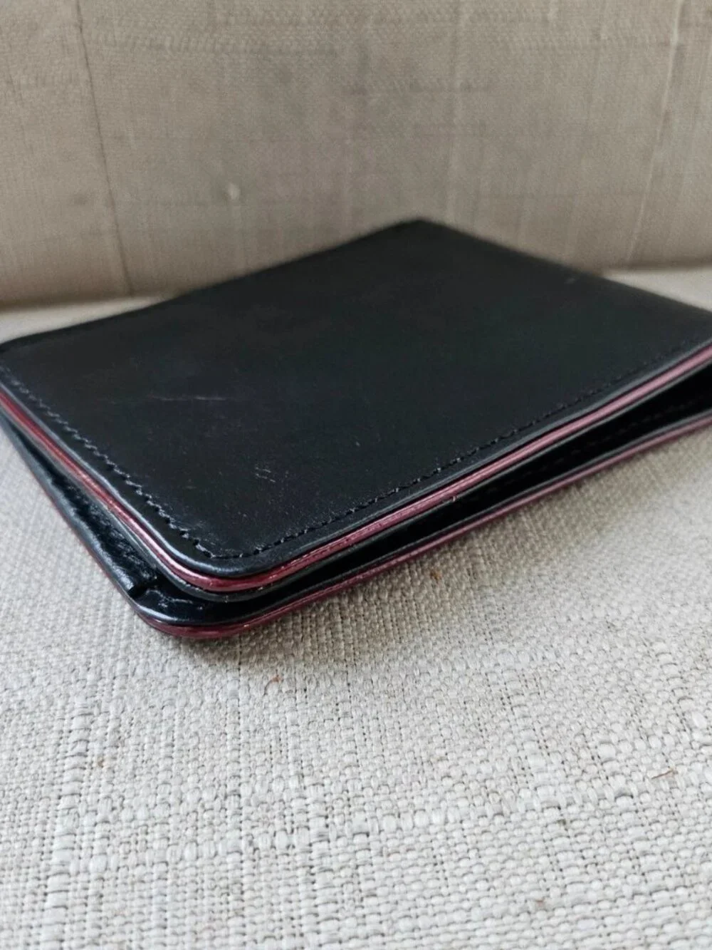 Black Leather Bifold Wallet with Red Trim Billfold Genuine Leather Handmade New